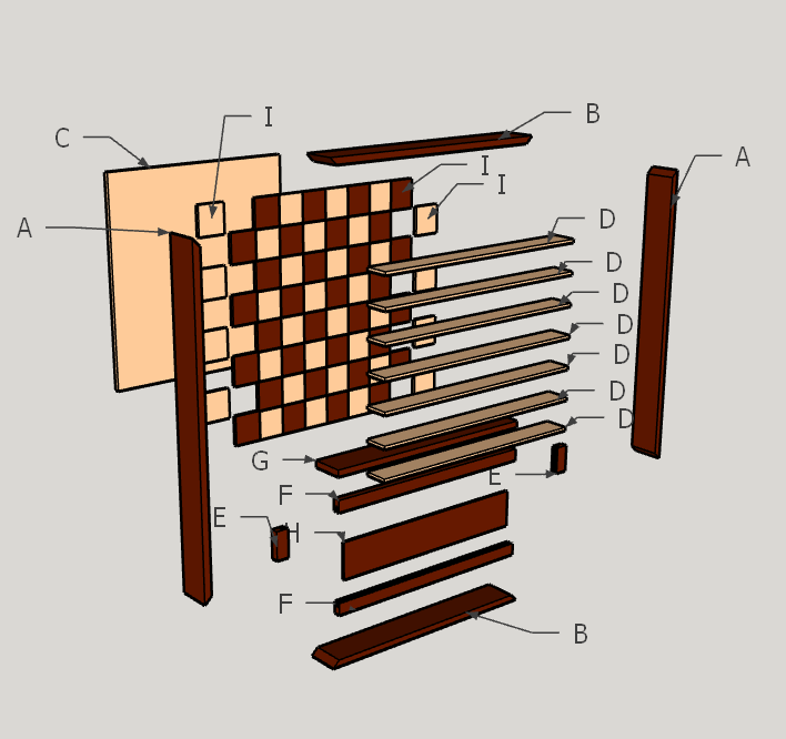 vertical wall hanging chess board drawing exploded with labels